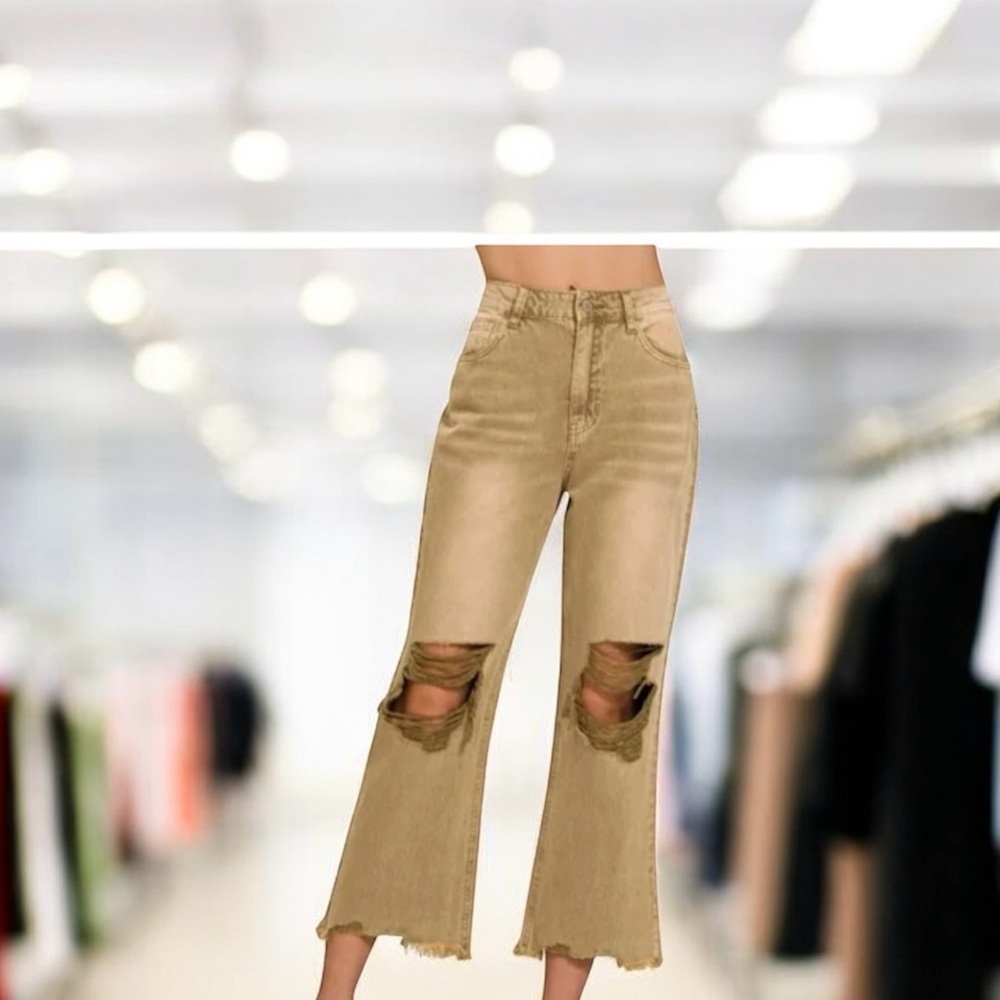 Zenana Outfitters Tan Distressed Flare Jeans - Picture 1 of 1